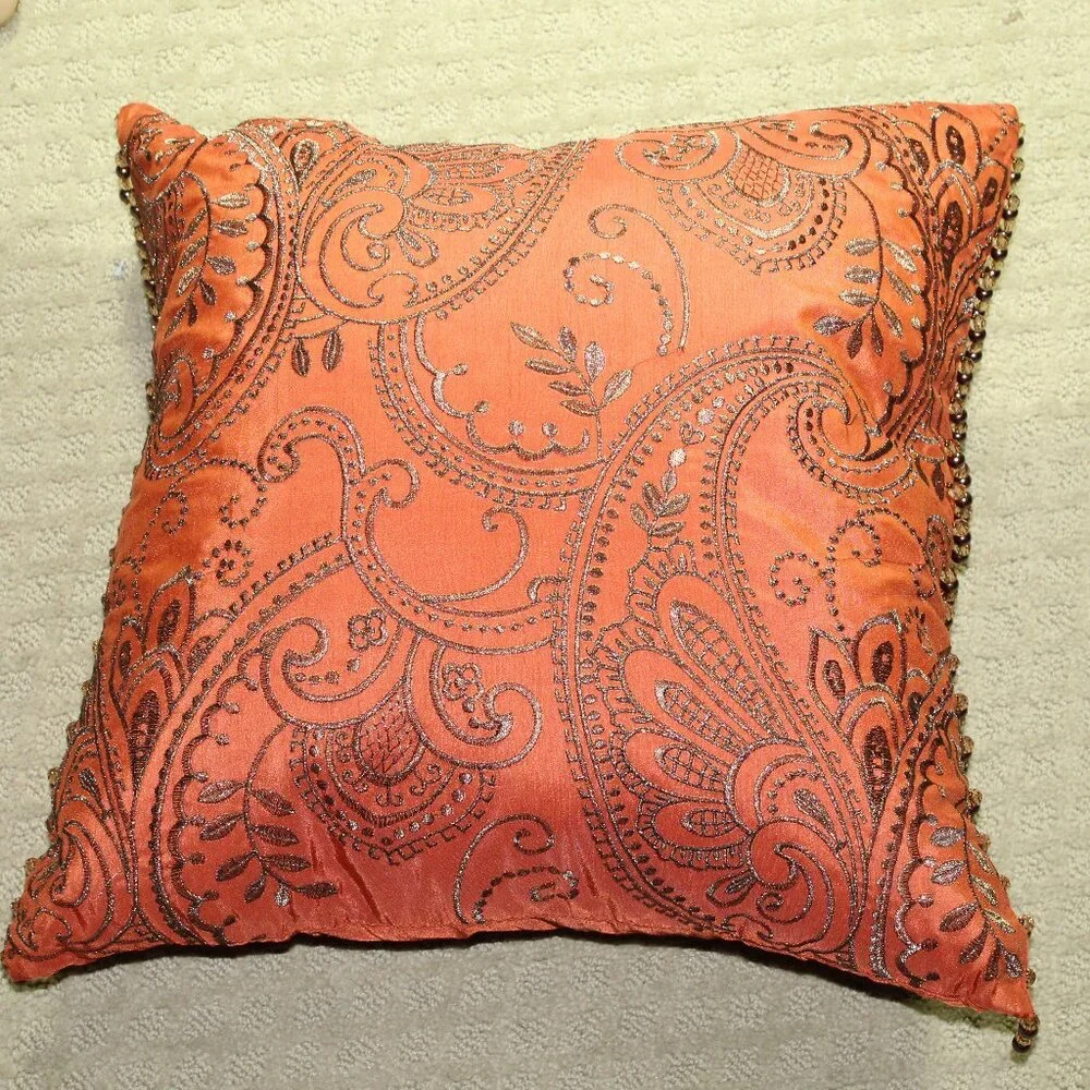PIER 1 Imports Rust Red Bronze Embroidered Couch Pillows Bead Trimmed Non-Smoke